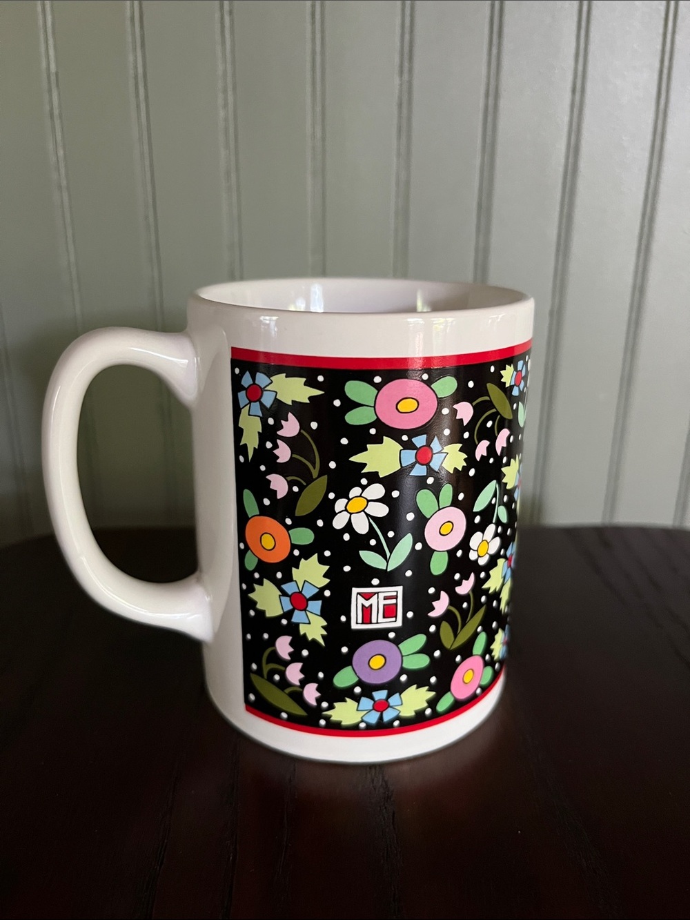 Mary Engelbreit Coffee Mug with Black Floral Panel and Multicolor Blooms w Box